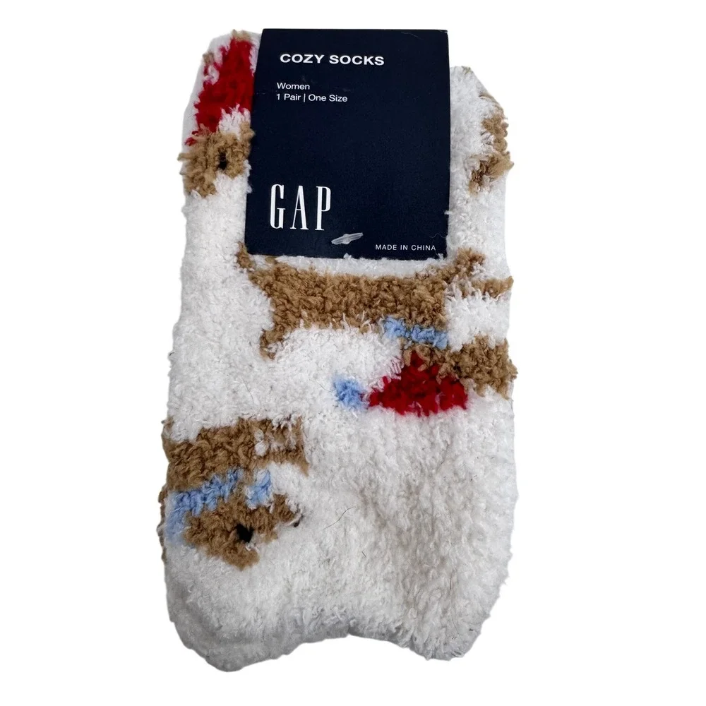 Gap Women Cozy Socks One Size White Tan Blue Dog‎ Print Fuzzy Warm Sleepwear